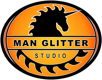 man glitter studio logo, unicorn, sawblade